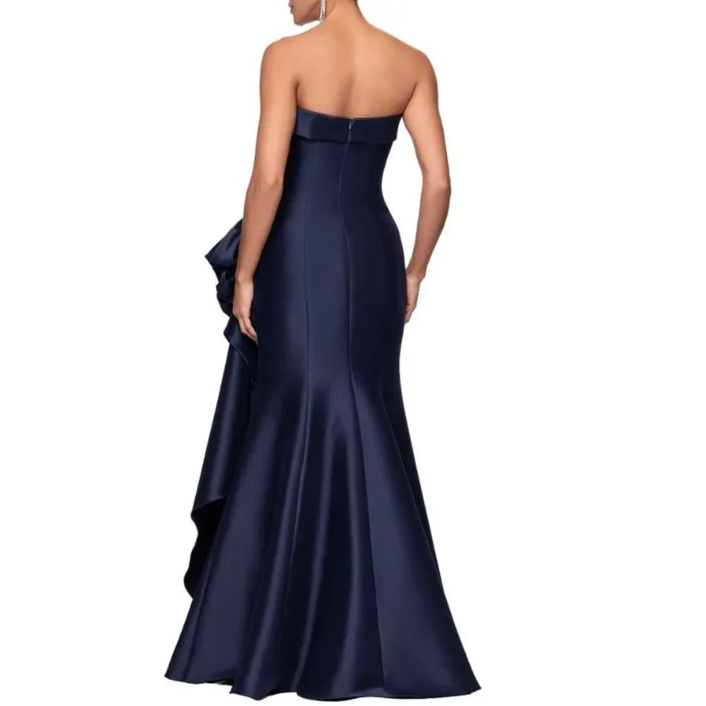 Xscape Strapless Side‎ Ruffle Drape Scuba Crepe Gown in Marine Blue Size 6 $239